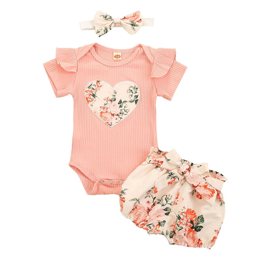 Citgeett Summer Baby Girl Clothes Set Ruffle Short Sleeve Knit Romper + Floral Shorts + Headband Sweet Set
