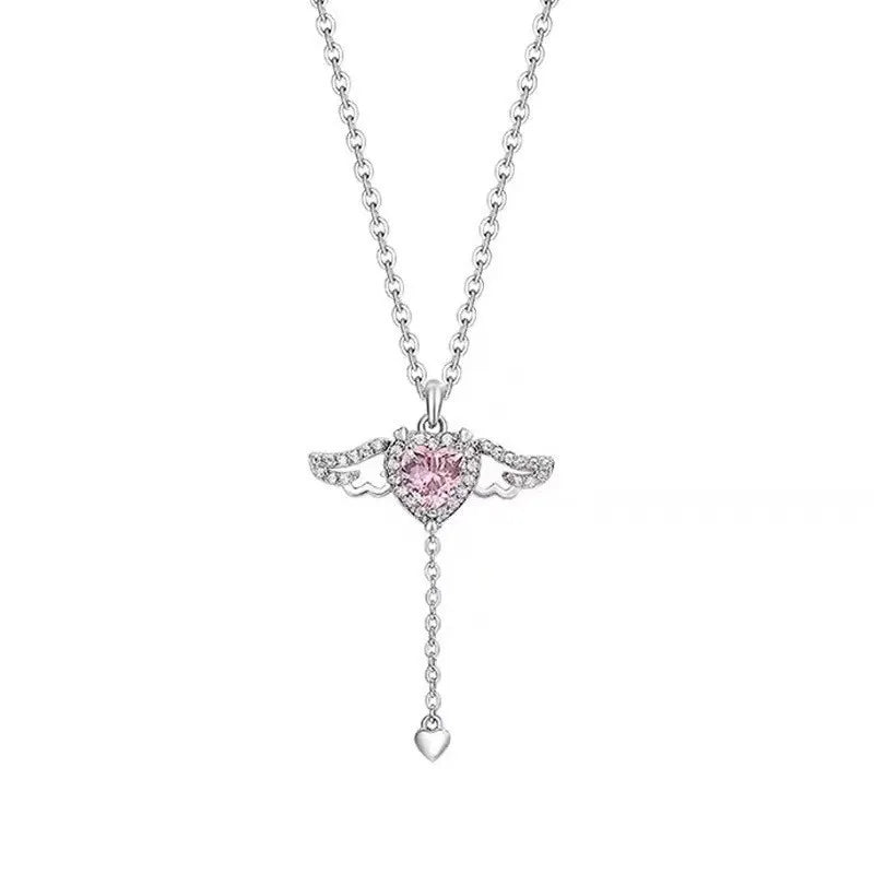 Moving Cupid Heart Angel Wings Tassel Necklace With Crystal Clavicle Chain Women Jewelry Gift Valentine's Day