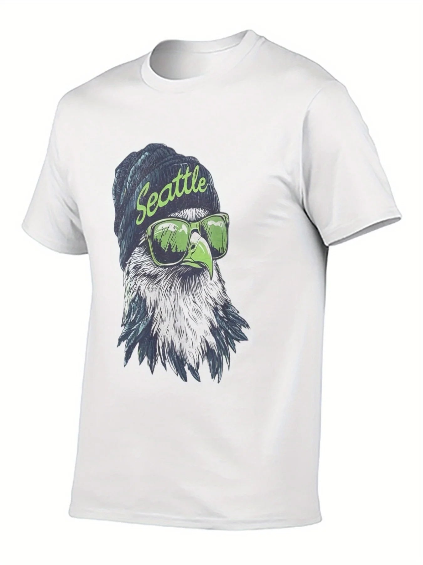 1pc Seattle 12th for Man T-Shirt - Seahawk Head Graphic with Fashion Glasses & Beanie Design White 180g Heavyweight Casual Tee