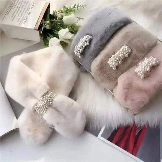 1Pcs New Women's Winter Scarf Faux Plush Pearl Scarf Faux Fur Thickening Warm Cross Stereo Scarfs New Scarfs Apparel Accessories