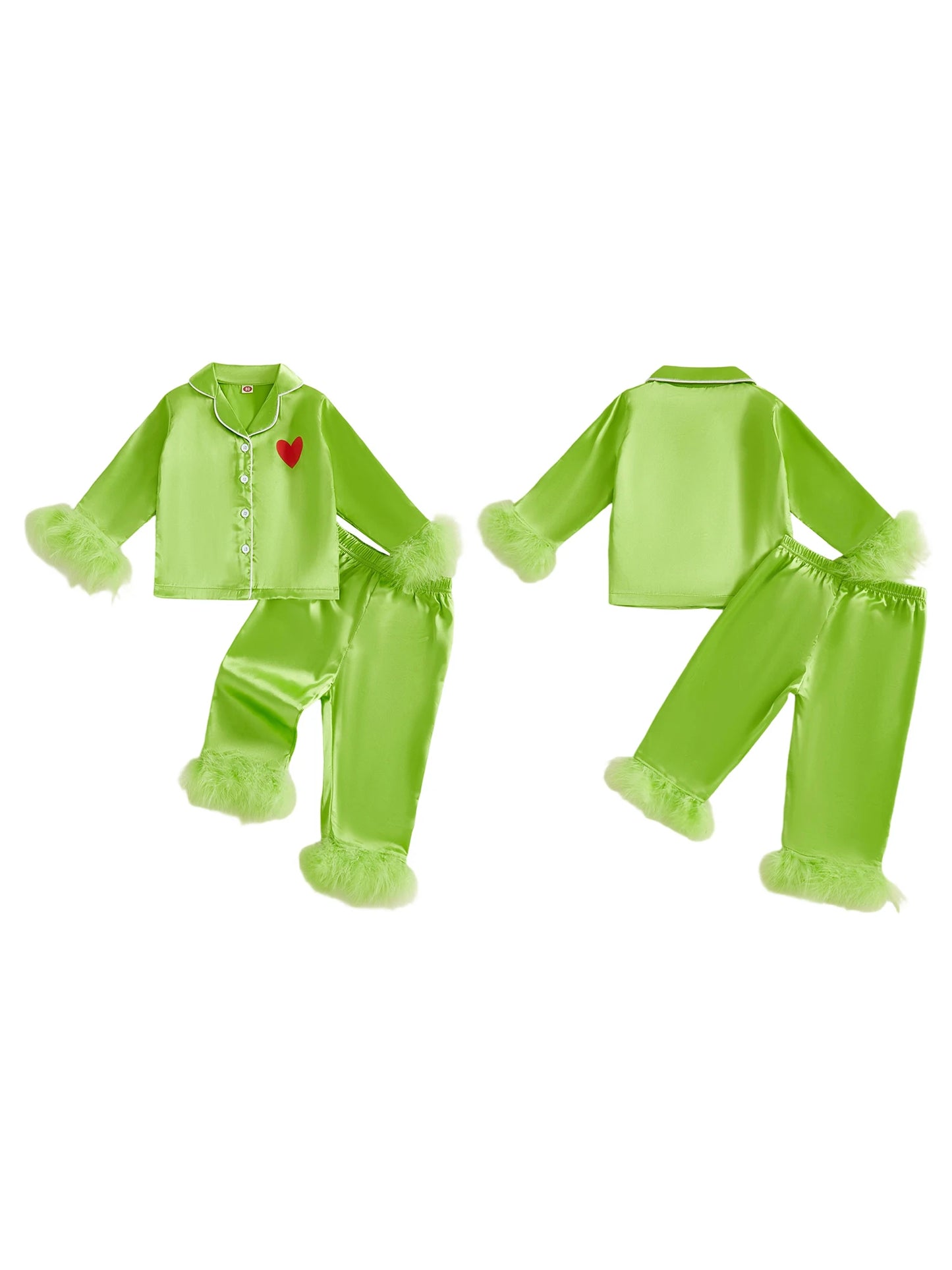 Children s Christmas Satin Pajama Set with Heart Print Long Sleeve Lapel Button Down Top Pants with Feather Cuffs and