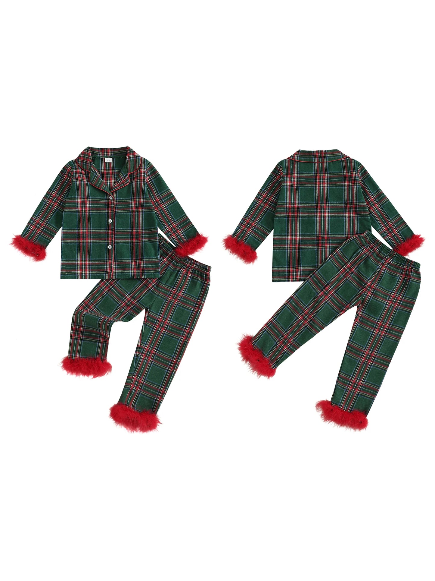 Cute Toddler Winter Plaid Pajama Set with Cozy Faux Fur Trim Long Sleeve Top and Elastic Waist Pants for Girls 2 Piece