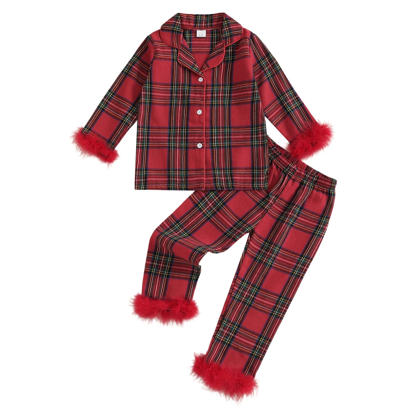 Cute Toddler Winter Plaid Pajama Set with Cozy Faux Fur Trim Long Sleeve Top and Elastic Waist Pants for Girls 2 Piece