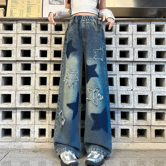 Kids Girls High Street Jeans Elastic Waist Baggy Denim Wide Leg Pants Trousers Fashion Oversize Star Embroidery Sports Pants