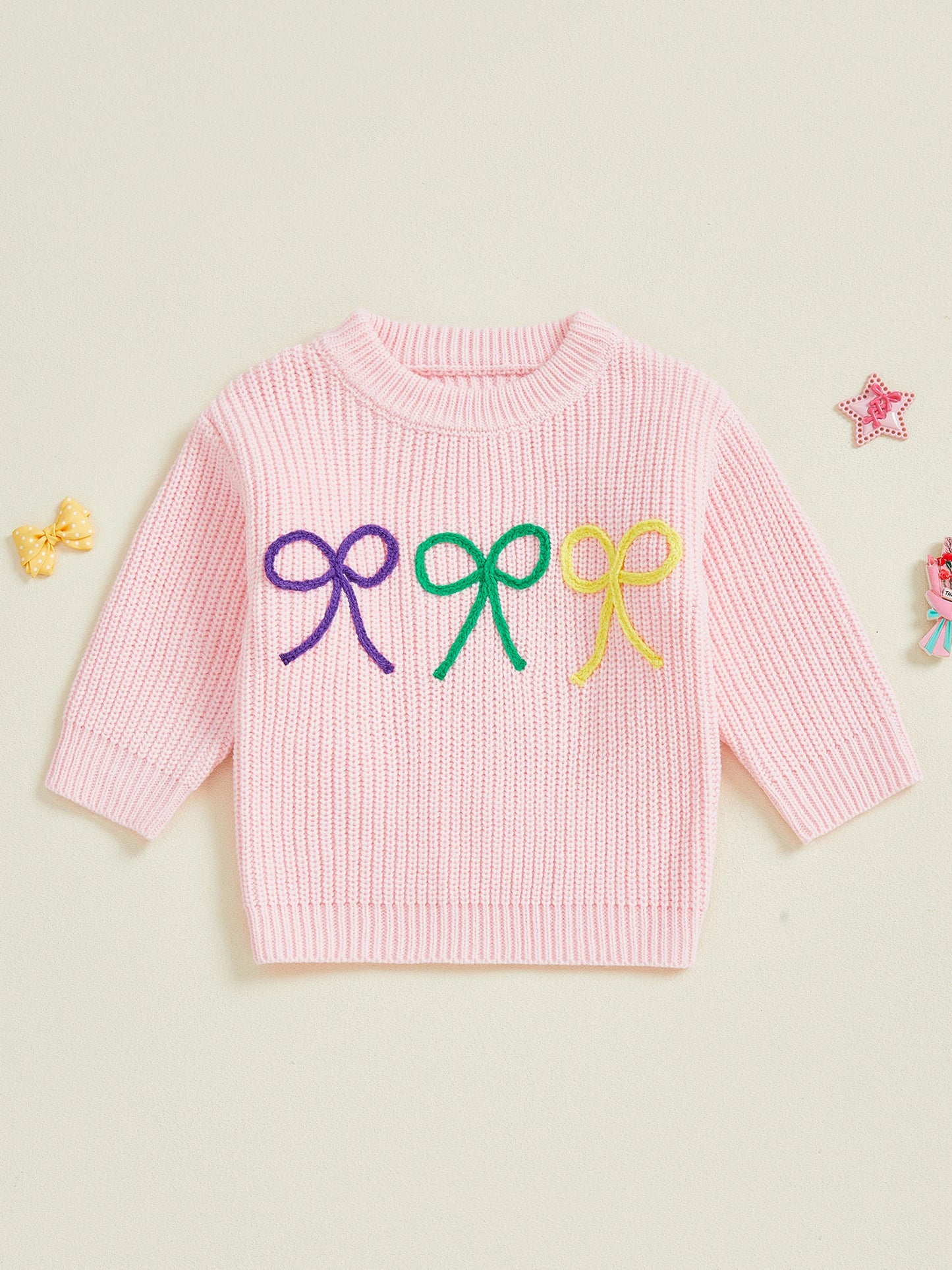 Mardi Gras Toddler Girl Sweater with Embroidered Bow Detail Crew Neck Long Sleeves and Chunky Knit Design for Cozy Style