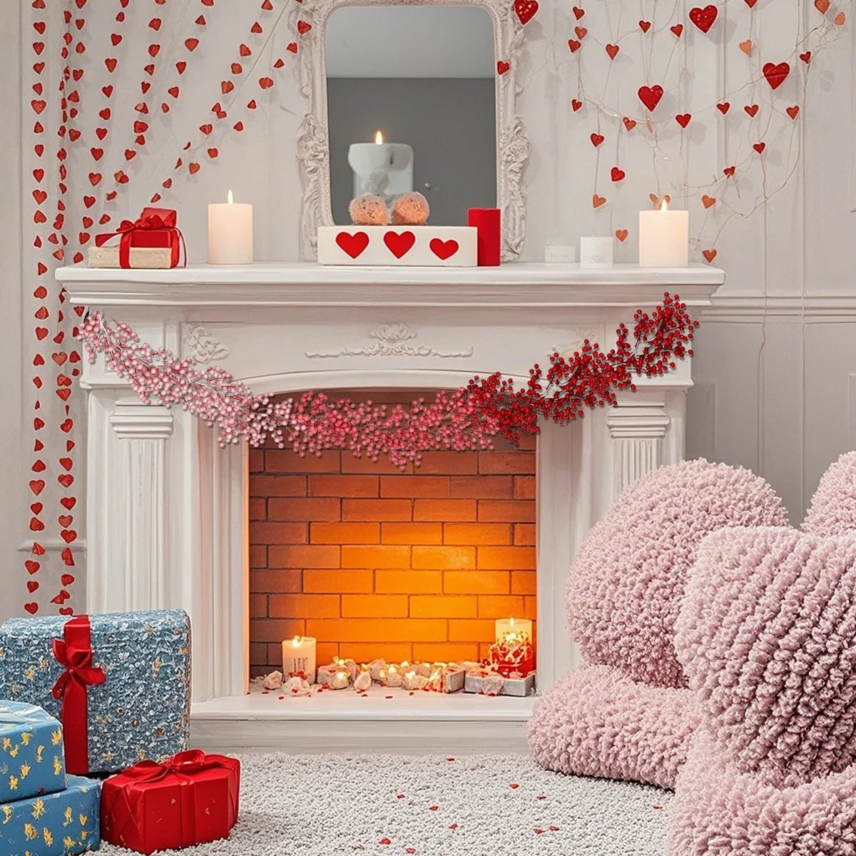 6.56ft Flexible Artificial Valentine's Day Holly Berry Vine, Ombre Color Red Berry Garland, Winter Berry Garland for