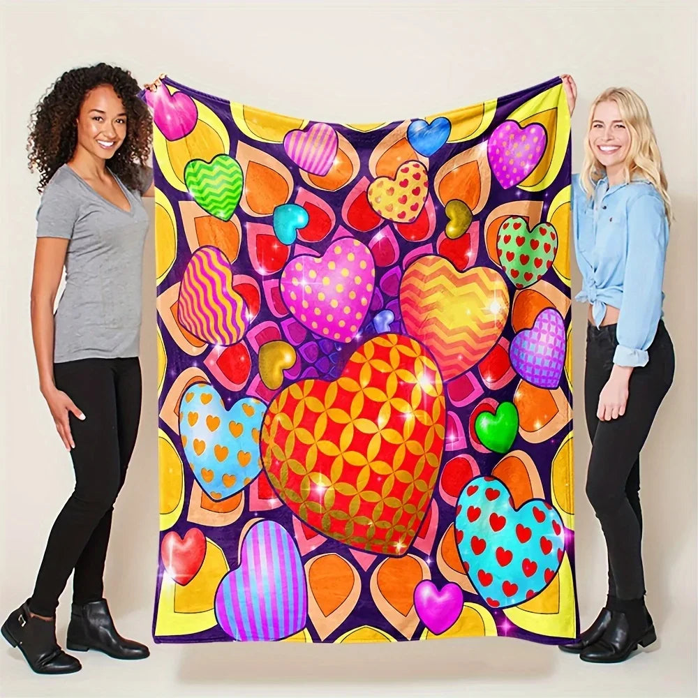 1pc Valentine's Day Heart Pattern Flannel Blanket - Soft & Comfortable Retro Style, Vibrant Multi-Color Hearts, All-Season