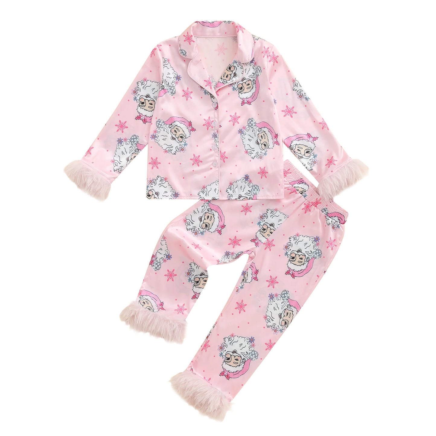 Matching Family Christmas Pajamas Set with Santa Print Button Down Long Sleeve Lapel Tops and Pants for Mommy and Me Sleepwear