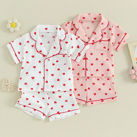 2023-11-22 Lioraitiin Toddler Baby Girl Valentine‘s Day Pajamas Set Heart Button Down Short Sleeve Sleepwear Loungewear Pjs Set