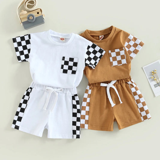 2023-02-13 Lioraitiin 0-3Years Toddler Baby Boy 2Pcs Summer Clothes Suits Plaid Patchwork Short Sleeve Crew Neck T-Shirts Shorts