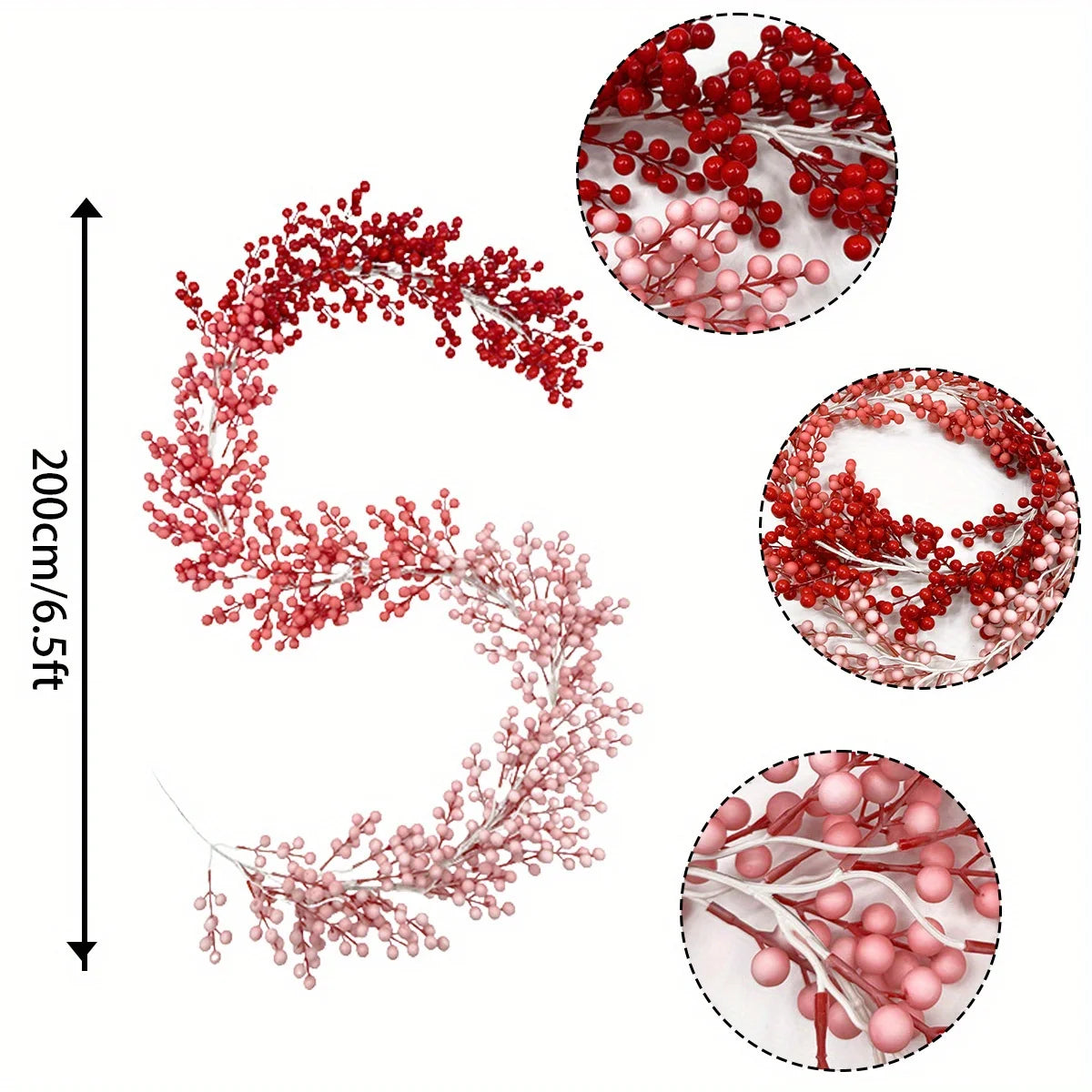 6.56ft Flexible Artificial Valentine's Day Holly Berry Vine, Ombre Color Red Berry Garland, Winter Berry Garland for