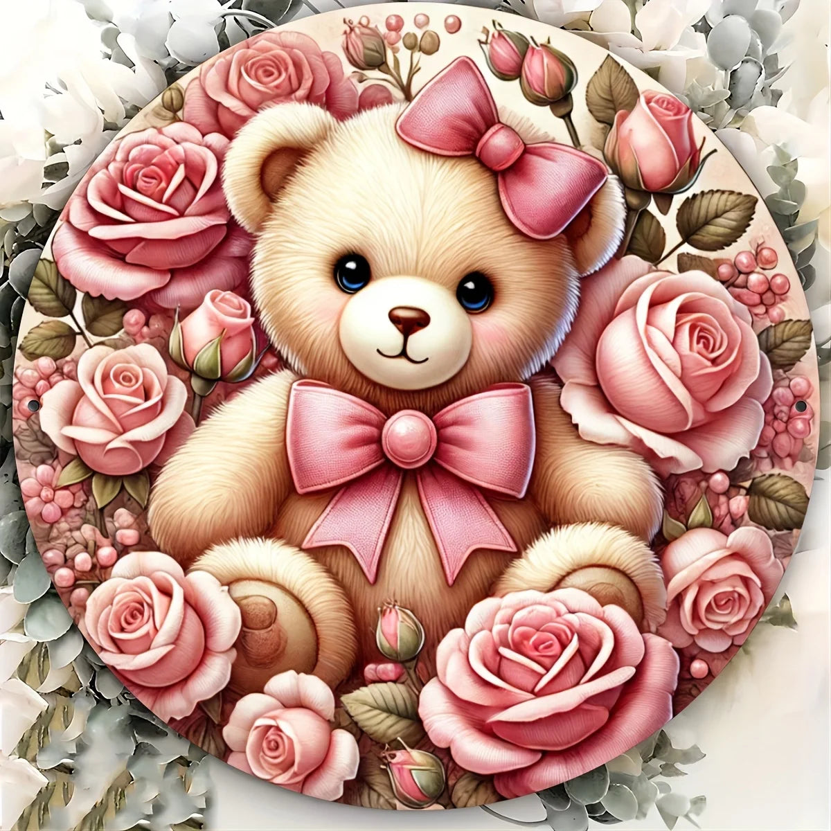 "Aluminum Foil Engraving Art Teddy Bear with Roses Wall Sign - Romantic Valentine's Day Home Decor Plaque with Floral Wreath"