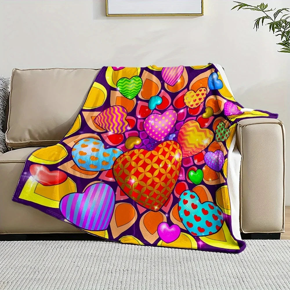 1pc Valentine's Day Heart Pattern Flannel Blanket - Soft & Comfortable Retro Style, Vibrant Multi-Color Hearts, All-Season