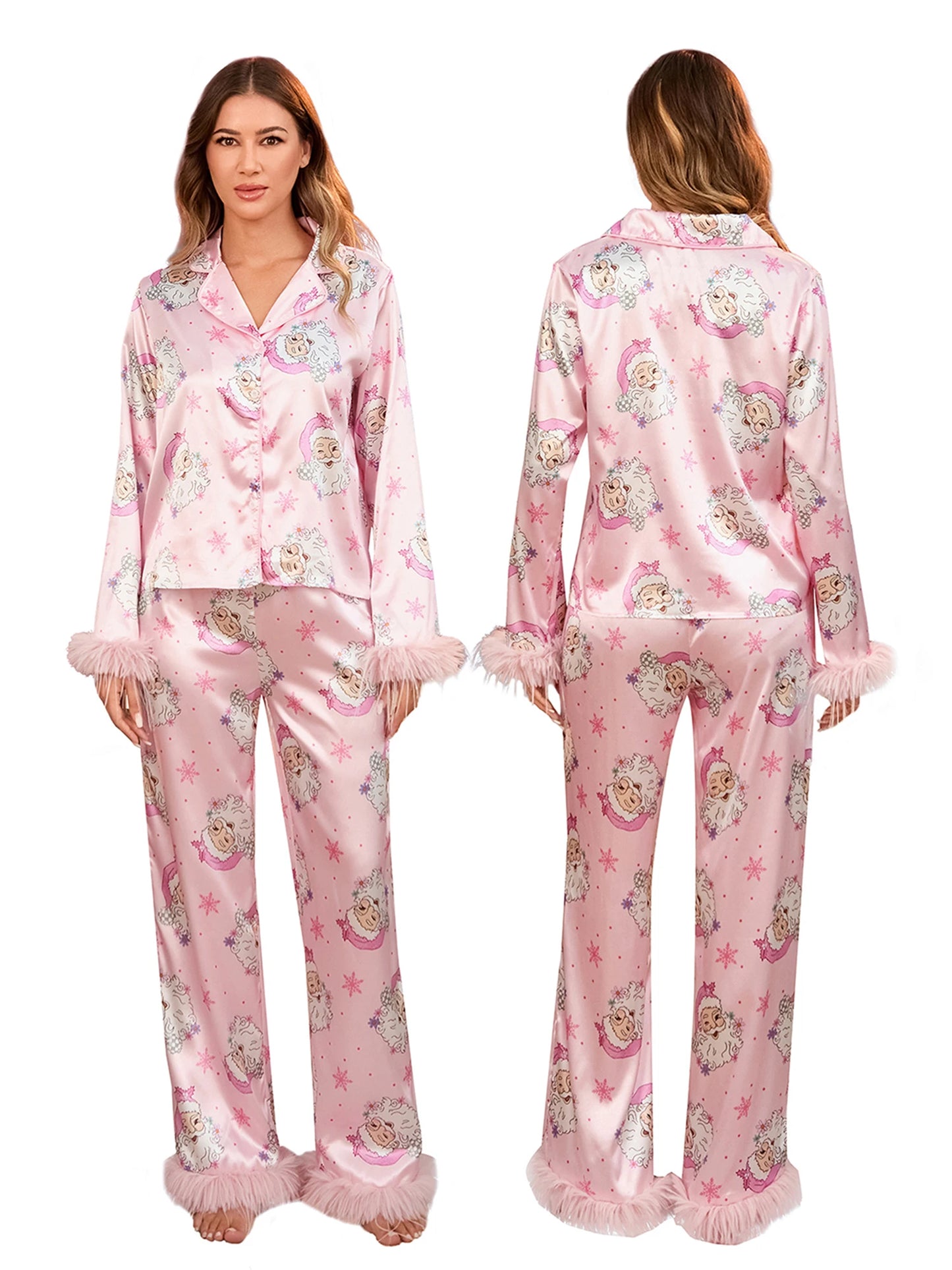 Matching Family Christmas Pajamas Set with Santa Print Button Down Long Sleeve Lapel Tops and Pants for Mommy and Me Sleepwear