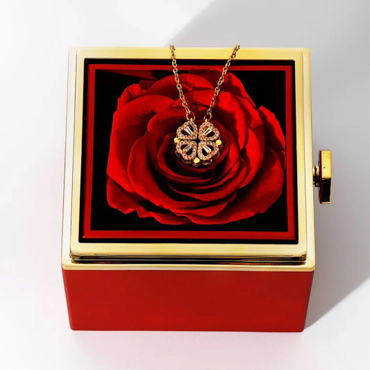 New Valentine Eternal Rose Jewelry Ring Box Rotate Wedding Clover Pendant Necklace Storage Case For Women Valentine's Day Gift