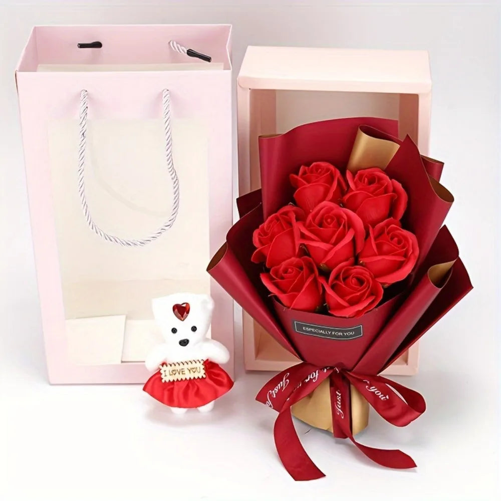 Valentine's Day Artificial Rose Bouquet Gift Box with Teddy Bear - Soap Flower Roses for Mother's Day, Christmas