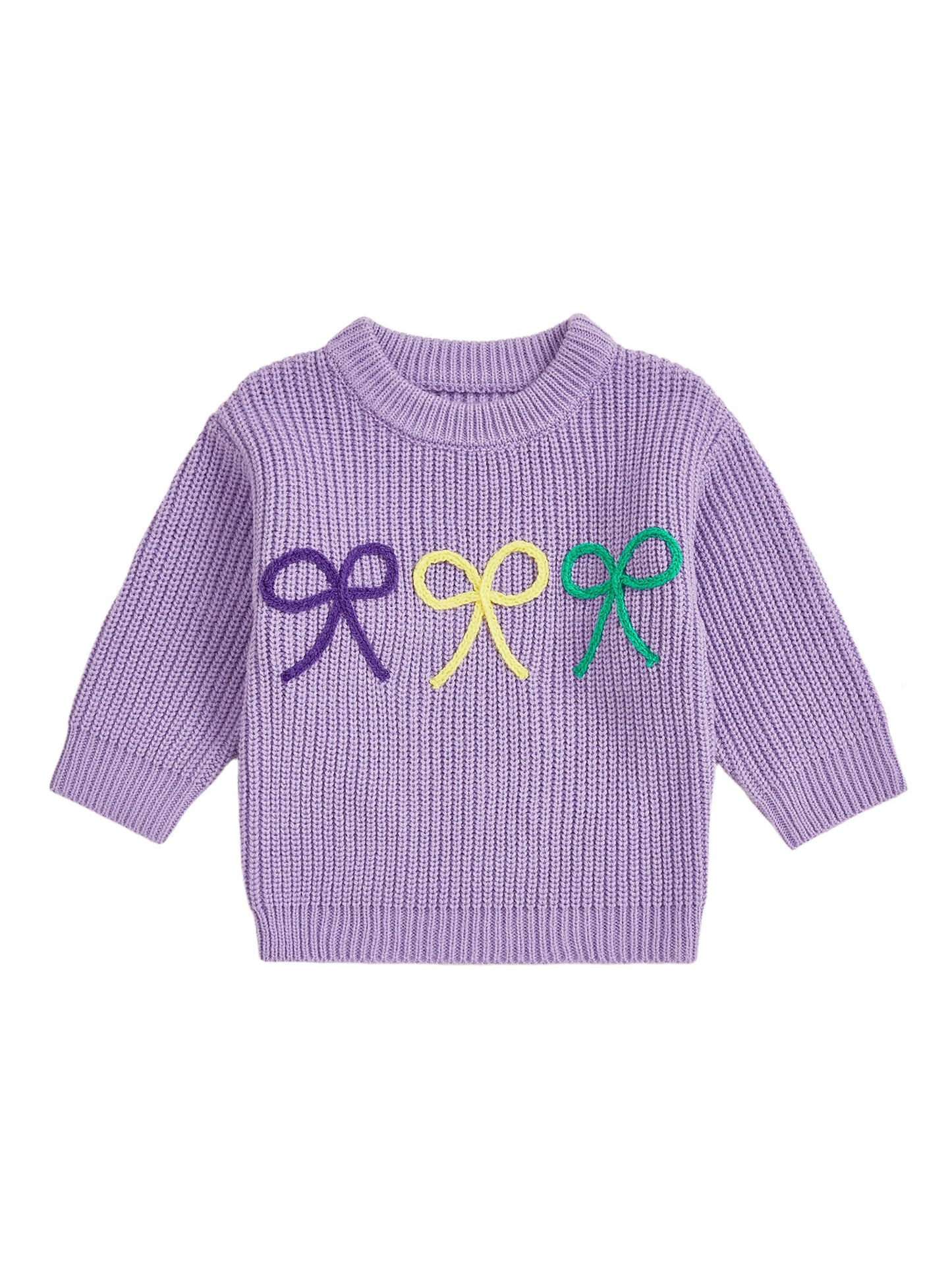 Mardi Gras Toddler Girl Sweater with Embroidered Bow Detail Crew Neck Long Sleeves and Chunky Knit Design for Cozy Style