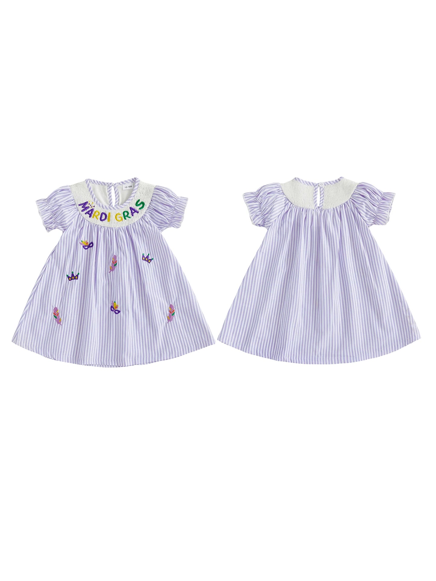Toddler Baby Girl Mardi Gras Dress Loose Fit Letter Embroidered Striped Smocked Crew Neck Short Sleeve A Line Dress