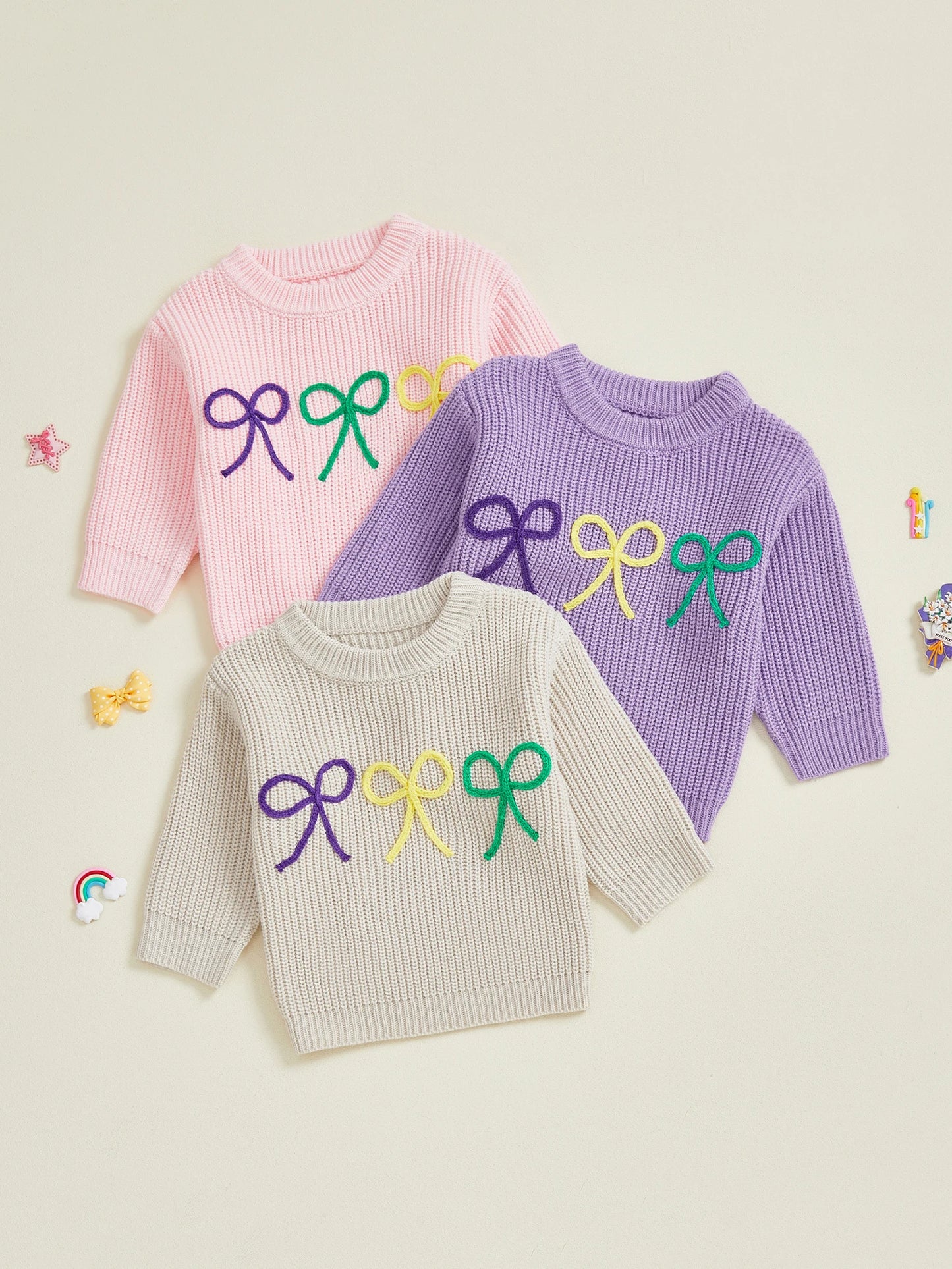 Mardi Gras Toddler Girl Sweater with Embroidered Bow Detail Crew Neck Long Sleeves and Chunky Knit Design for Cozy Style