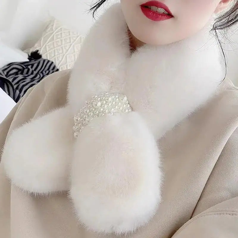 1Pcs New Women's Winter Scarf Faux Plush Pearl Scarf Faux Fur Thickening Warm Cross Stereo Scarfs New Scarfs Apparel Accessories