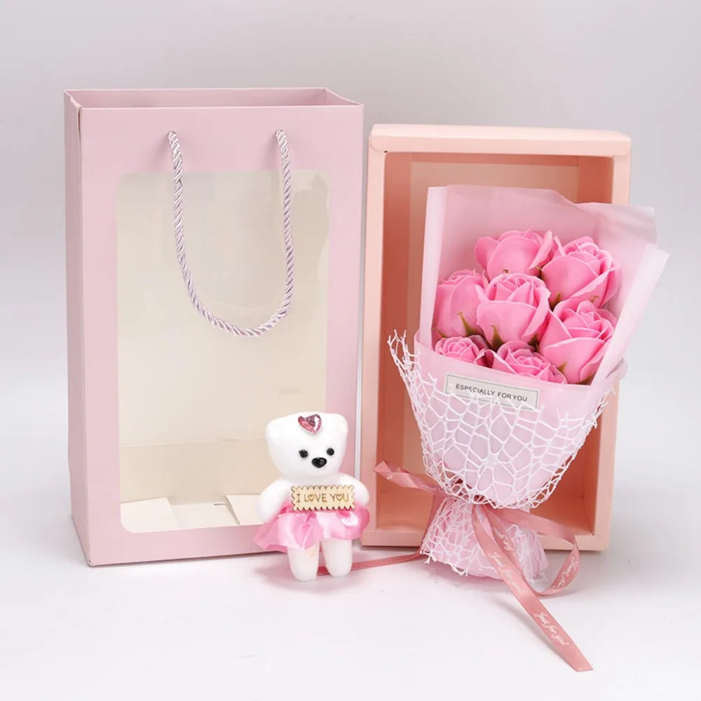 Valentine's Day Artificial Rose Bouquet Gift Box with Teddy Bear - Soap Flower Roses for Mother's Day, Christmas