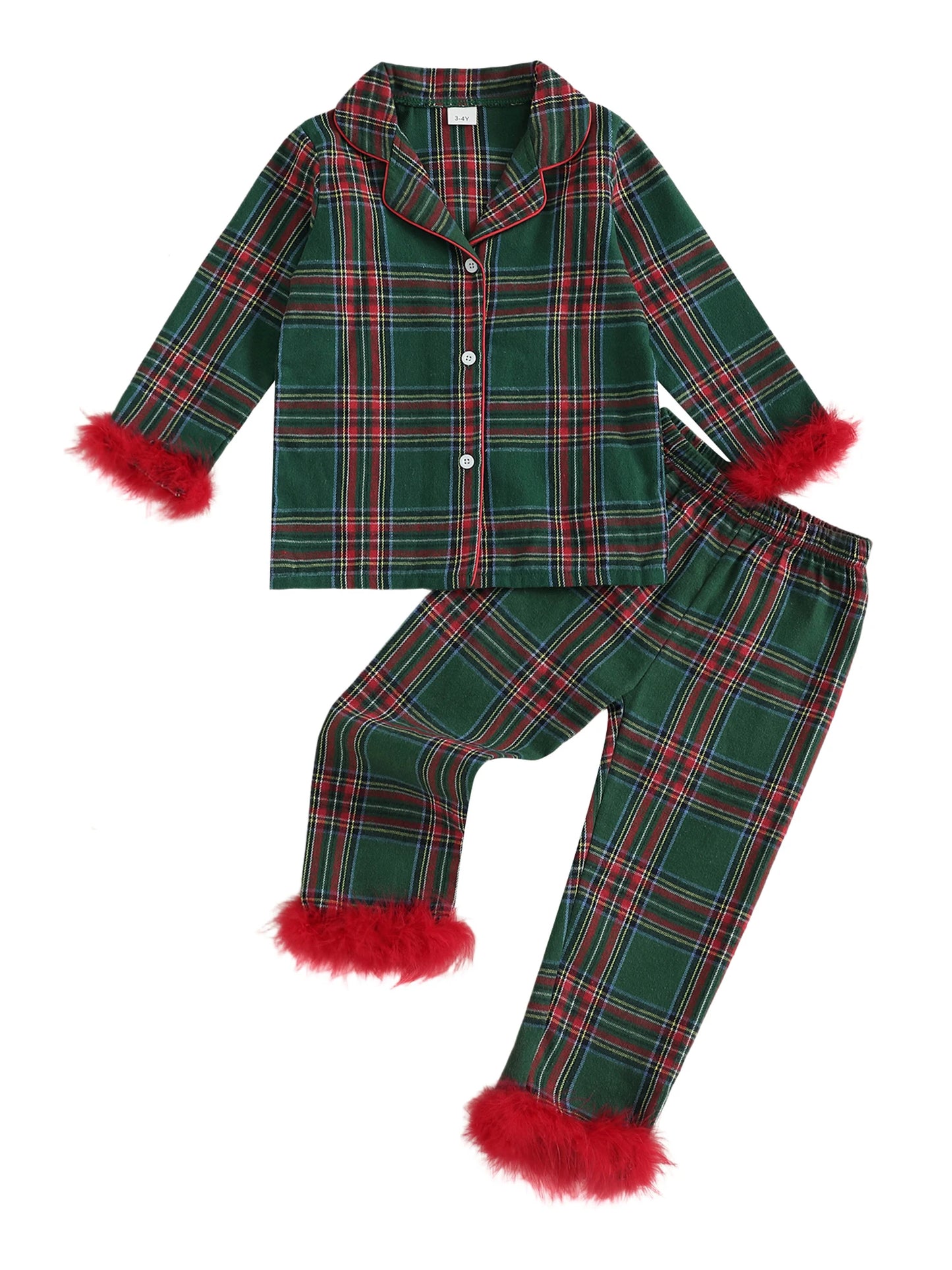 Cute Toddler Winter Plaid Pajama Set with Cozy Faux Fur Trim Long Sleeve Top and Elastic Waist Pants for Girls 2 Piece