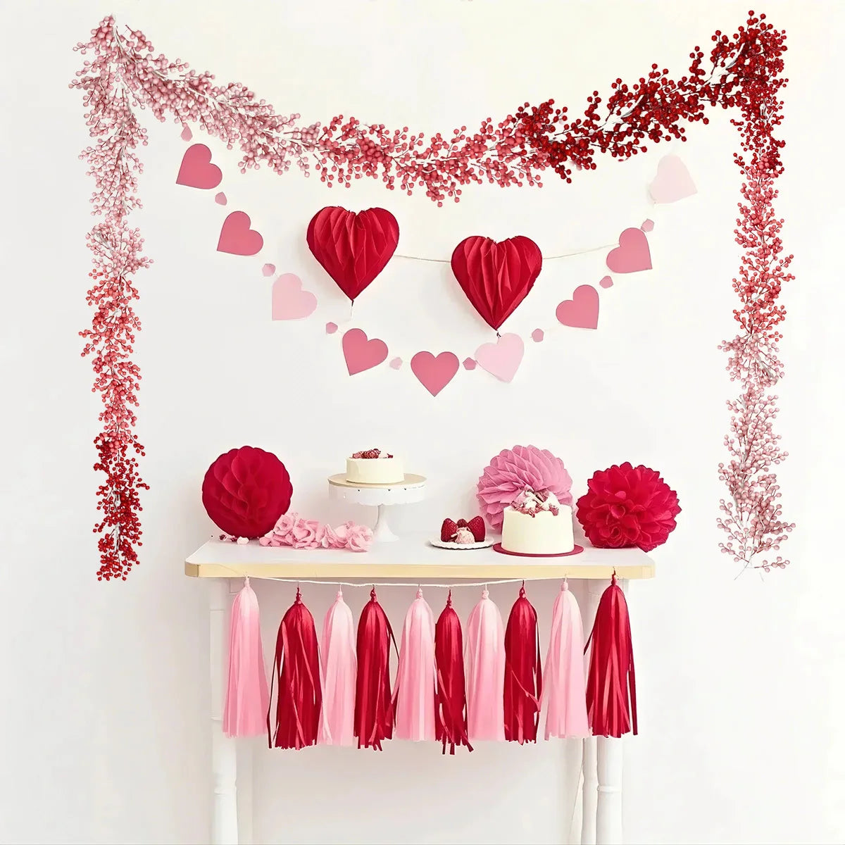 6.56ft Flexible Artificial Valentine's Day Holly Berry Vine, Ombre Color Red Berry Garland, Winter Berry Garland for