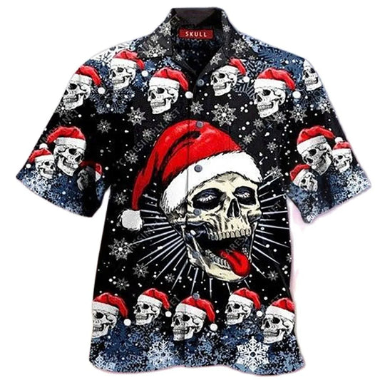 2024 New Arrival Men's Shirts Men Hawaiian Camicias Casual One Button Christmas Skull Printed Short-sleeve Blouses Tops