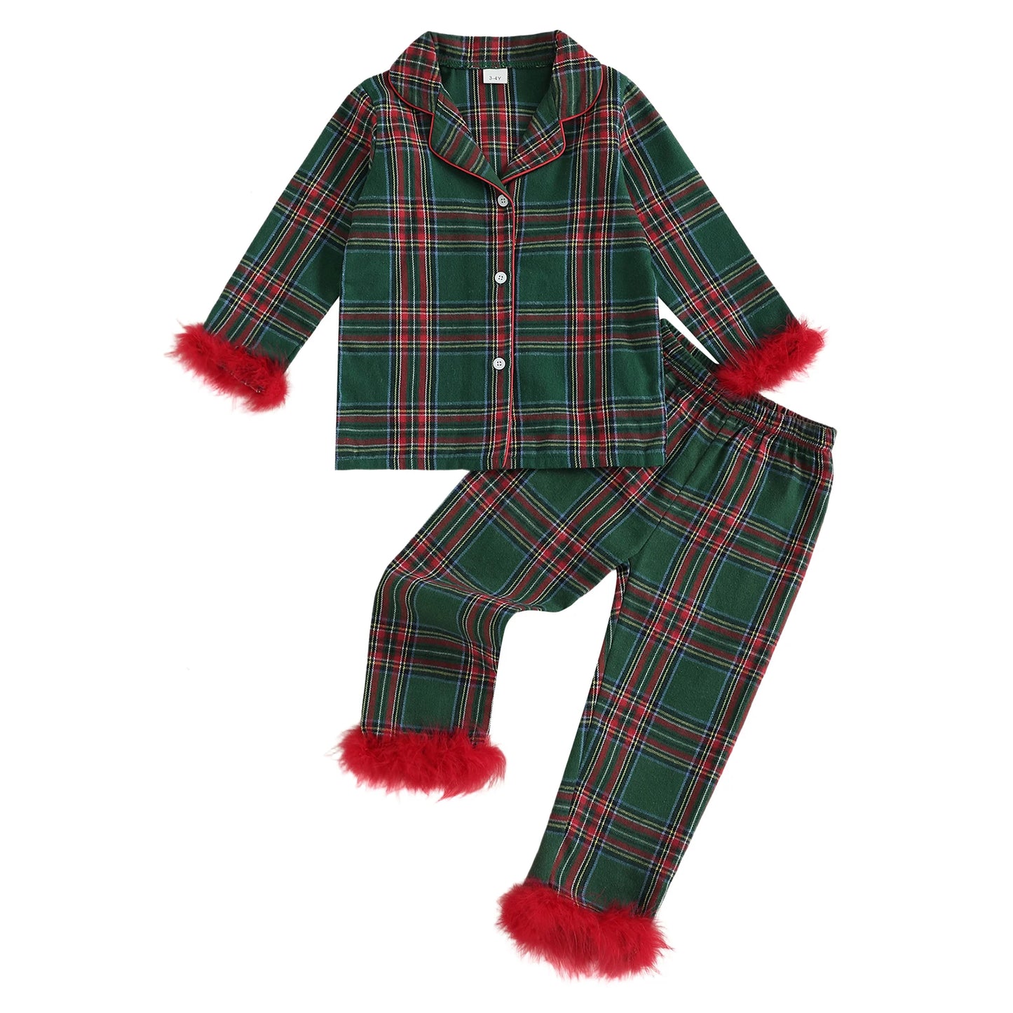 Cute Toddler Winter Plaid Pajama Set with Cozy Faux Fur Trim Long Sleeve Top and Elastic Waist Pants for Girls 2 Piece