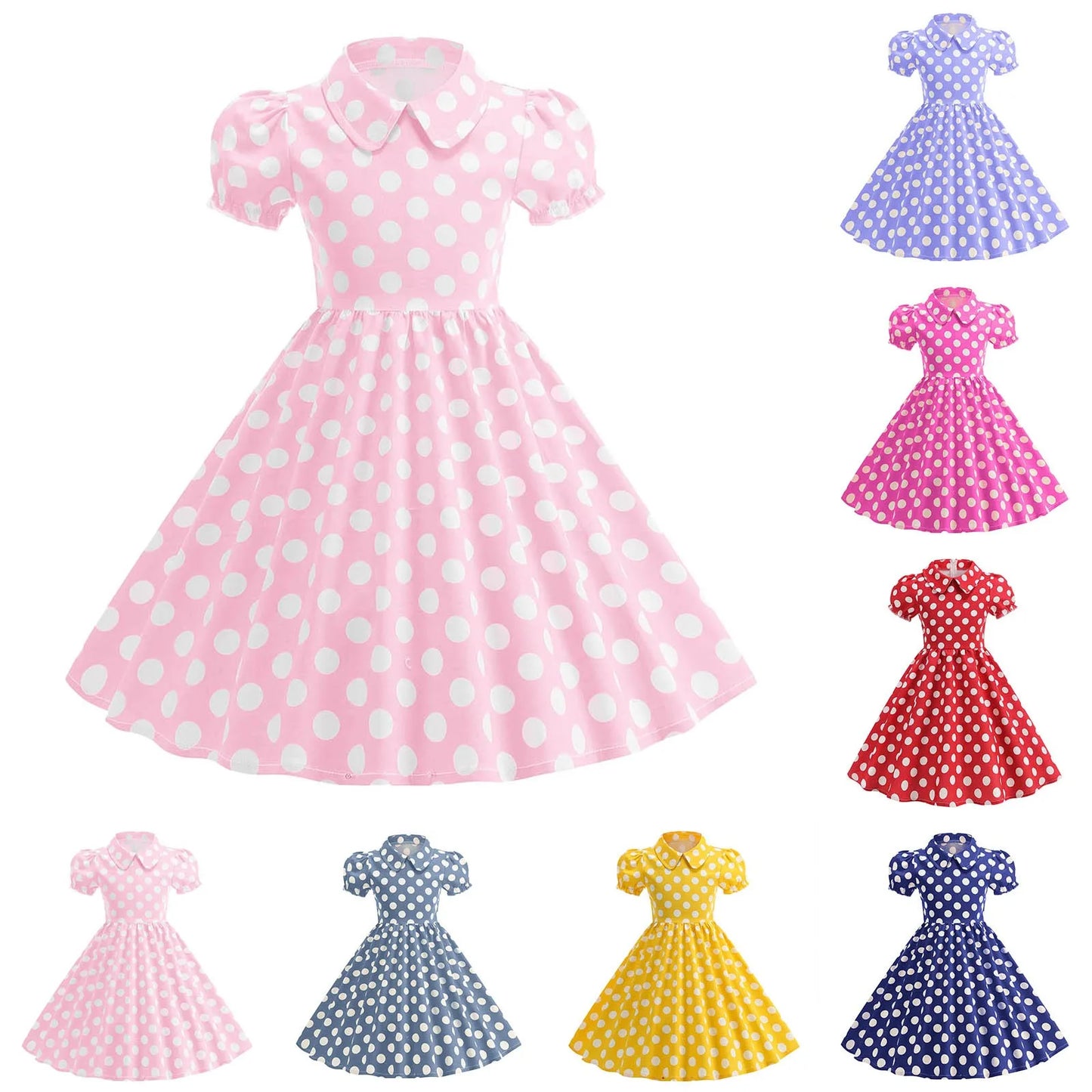 Girls' Dress French Short Sleeve Polka Dot Dress Holiday Children'S Summer Dress Lapel Blouse Dresses Kids Vintage Dresses