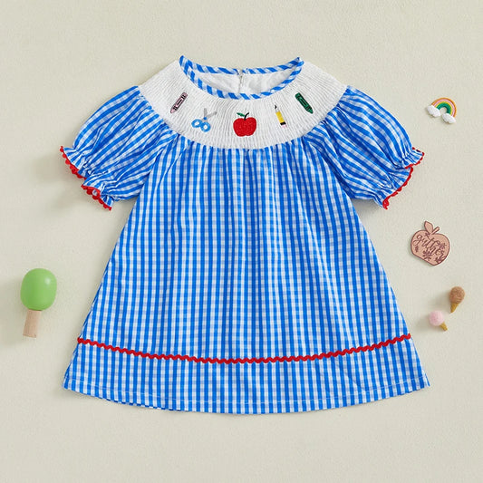 2025-02-24 Lioraitiin Little Girls Summer Sweet Dress Short Sleeve Round Neck Embroidery Plaid Print A-line Dresses