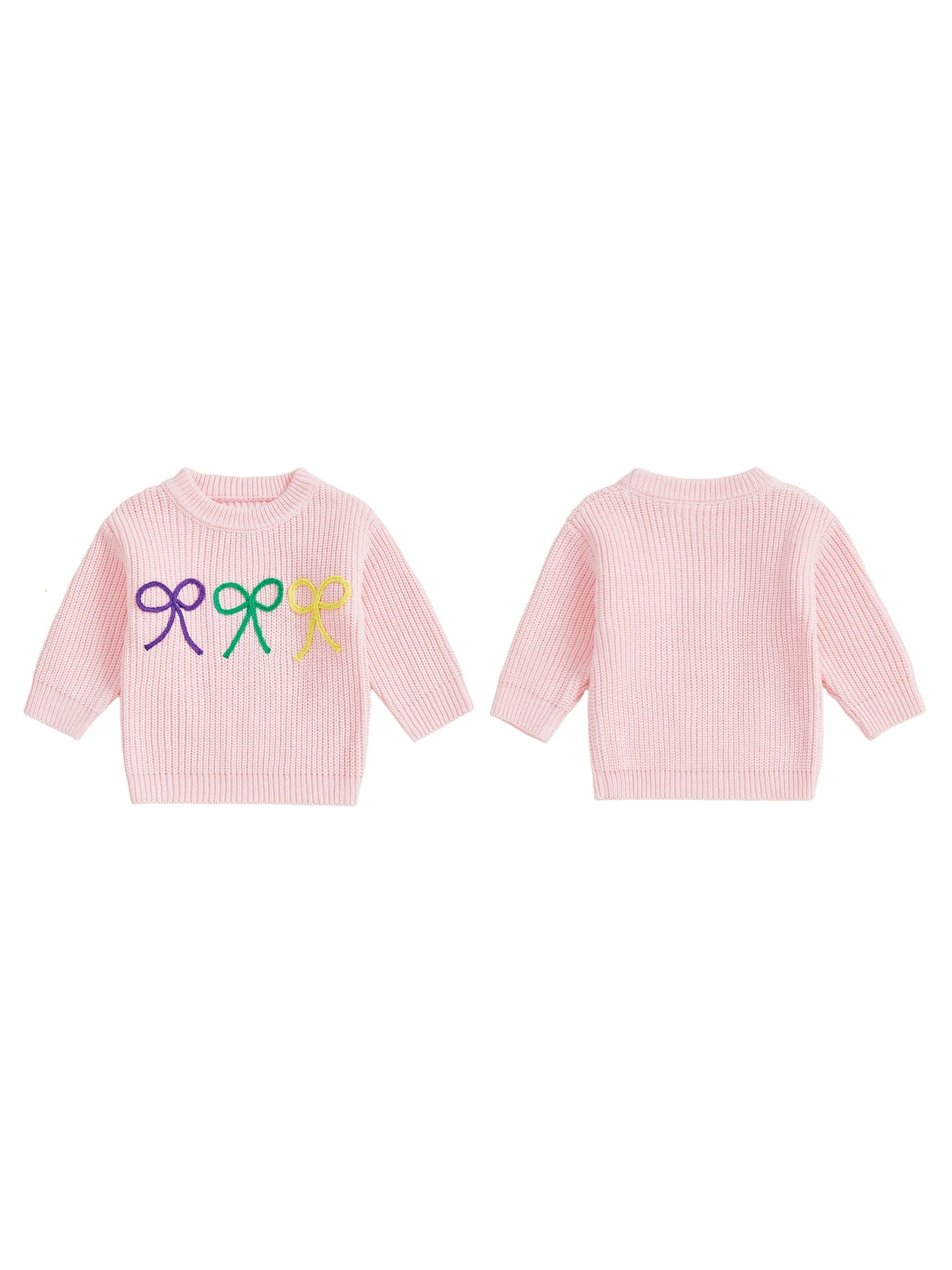 Mardi Gras Toddler Girl Sweater with Embroidered Bow Detail Crew Neck Long Sleeves and Chunky Knit Design for Cozy Style