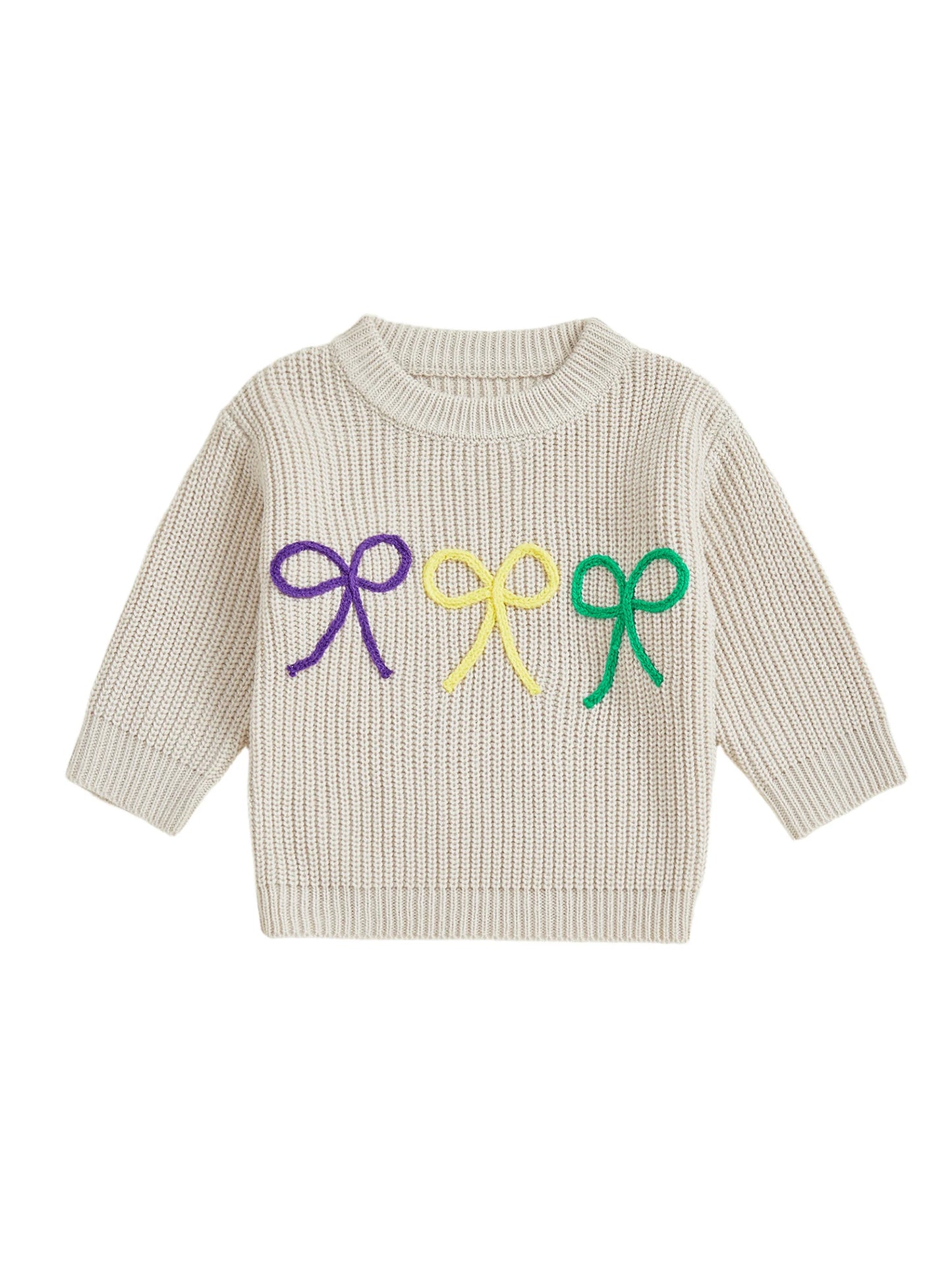 Mardi Gras Toddler Girl Sweater with Embroidered Bow Detail Crew Neck Long Sleeves and Chunky Knit Design for Cozy Style