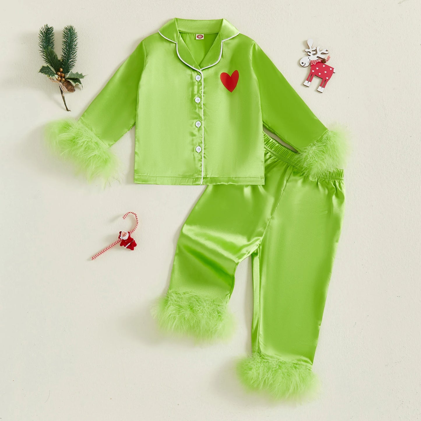 Children s Christmas Satin Pajama Set with Heart Print Long Sleeve Lapel Button Down Top Pants with Feather Cuffs and