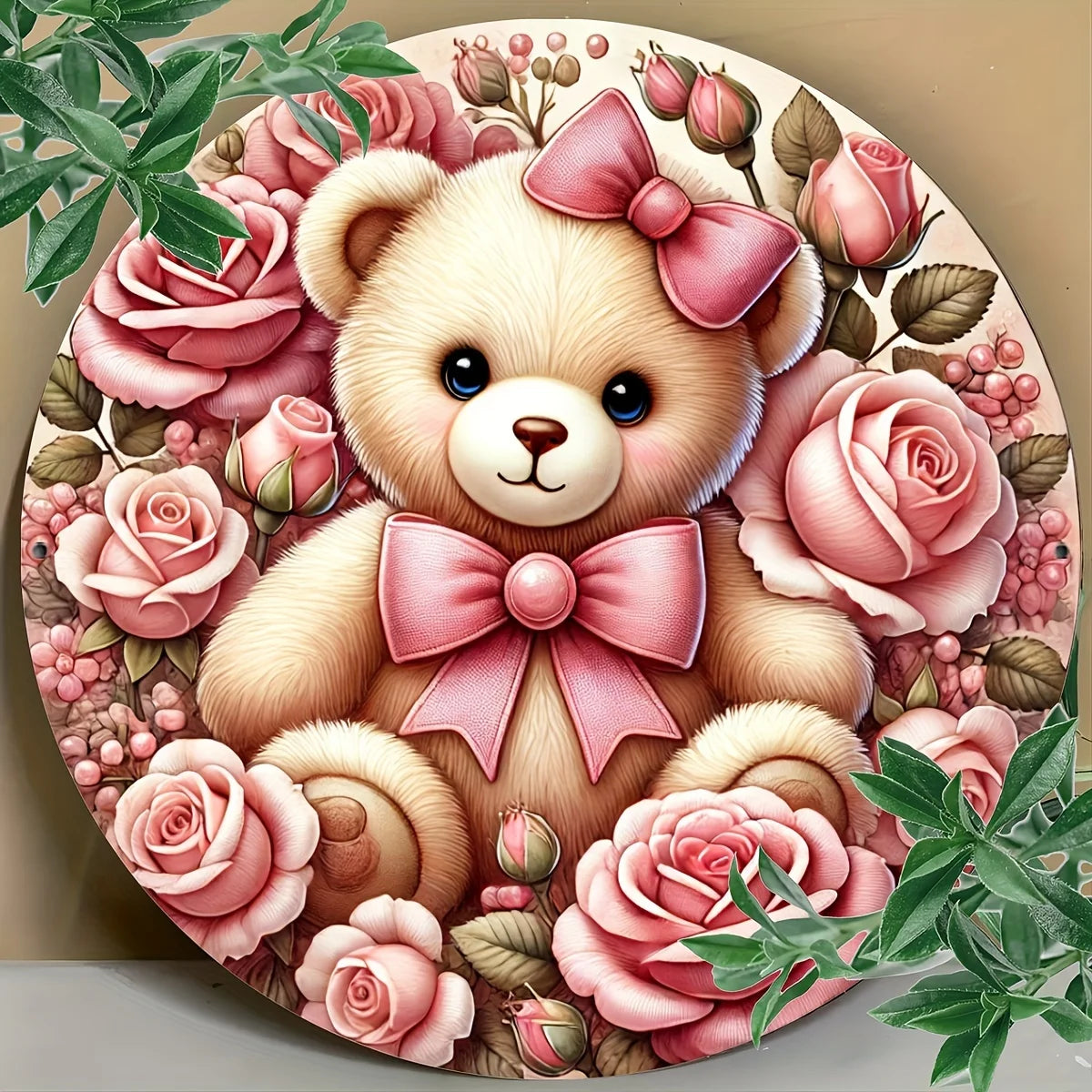 "Aluminum Foil Engraving Art Teddy Bear with Roses Wall Sign - Romantic Valentine's Day Home Decor Plaque with Floral Wreath"