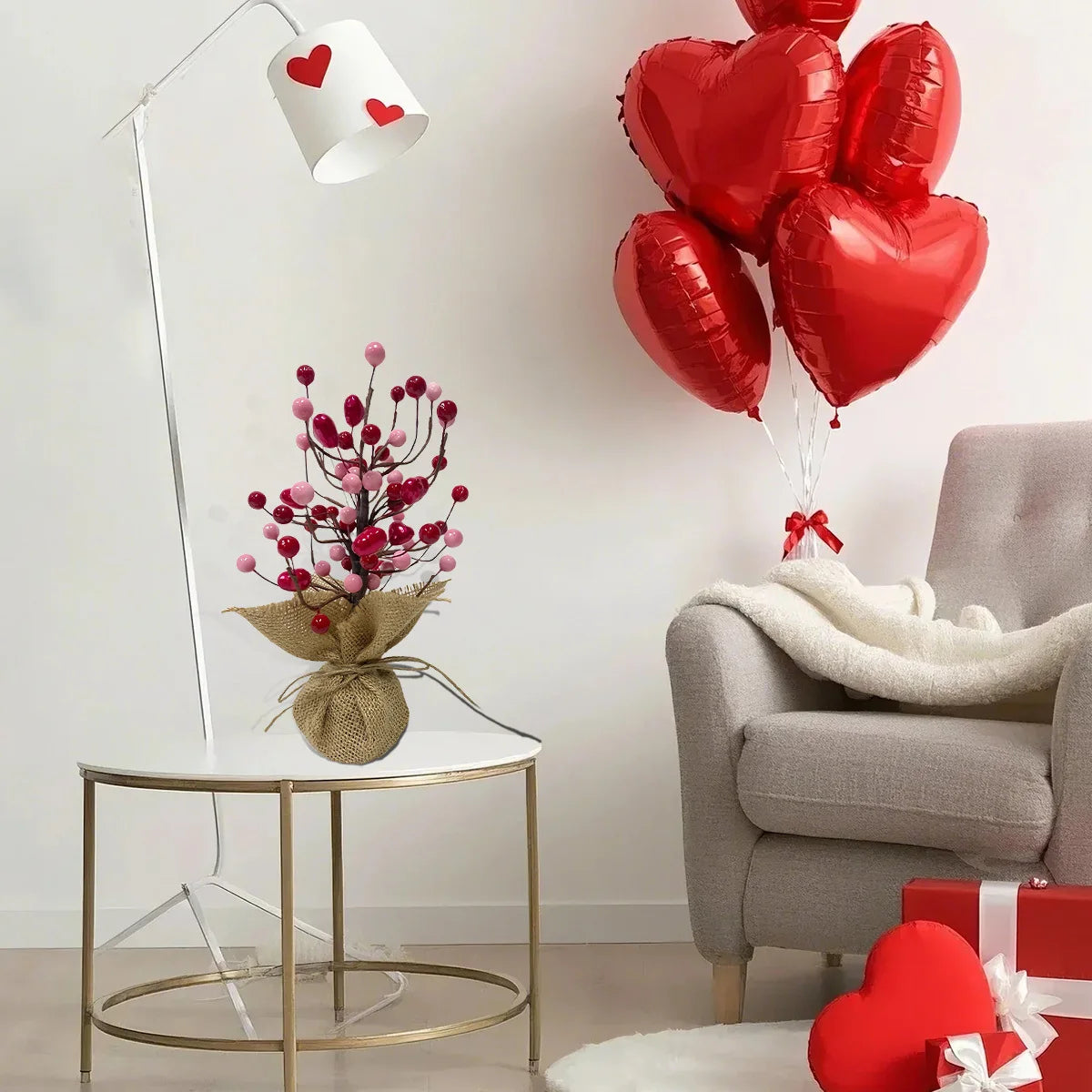 9in Valentine's Day Red Berries Tree with Burlap Base, Decorative Berries Tree Table Centerpiece for Valentine's Day