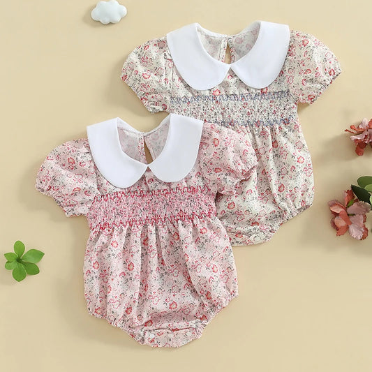 2024-12-11 Lioraitiin Newborn Baby Girl Summer Romper Short Sleeve Doll Collar Floral Print Bodysuit Playsuit
