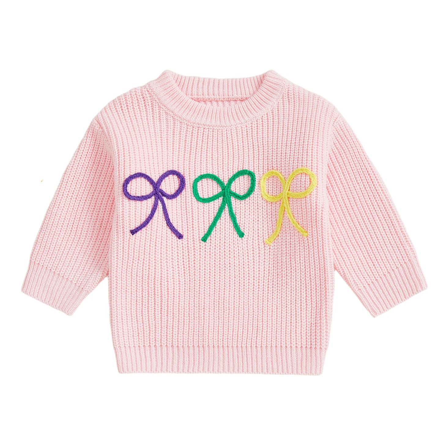 Mardi Gras Toddler Girl Sweater with Embroidered Bow Detail Crew Neck Long Sleeves and Chunky Knit Design for Cozy Style