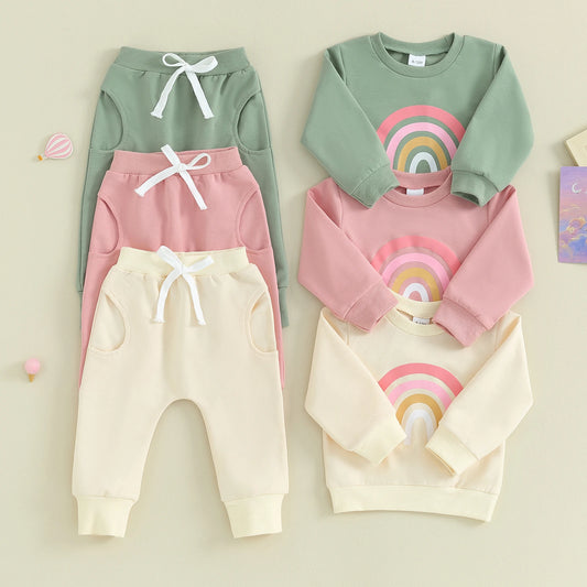 Citgeett Spring Toddler Baby Girls Fall Outfits Long Sleeve Rainbow Print Sweatshirt + Pants Clothes Autumn Set