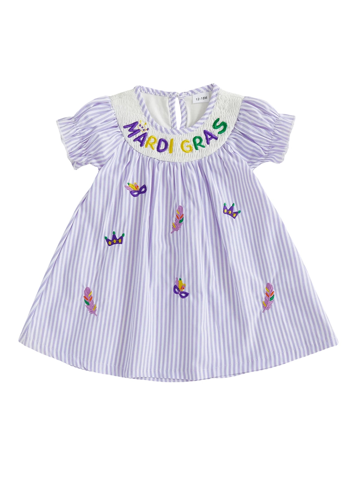 Toddler Baby Girl Mardi Gras Dress Loose Fit Letter Embroidered Striped Smocked Crew Neck Short Sleeve A Line Dress