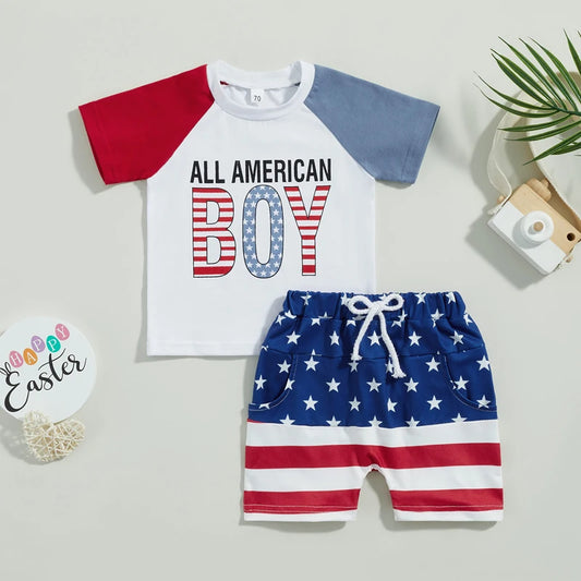 2023-03-01 Lioraitiin 0-3Years Baby Boys Independence Day Letter Print Short Sleeve T-shirt Elastic Star Stripe Shorts Set