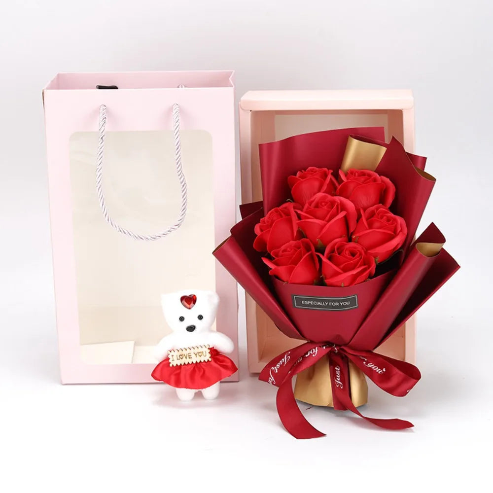 Valentine's Day Artificial Rose Bouquet Gift Box with Teddy Bear - Soap Flower Roses for Mother's Day, Christmas