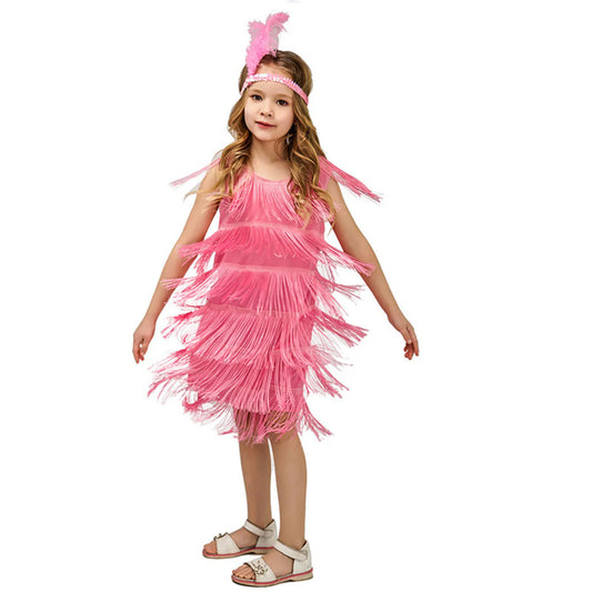 Girls Flapper Dress Sequins Fringe Latin Dance Dress Tassel Tango Dress Ballroom Costume With Feather Headband Flannel Girls