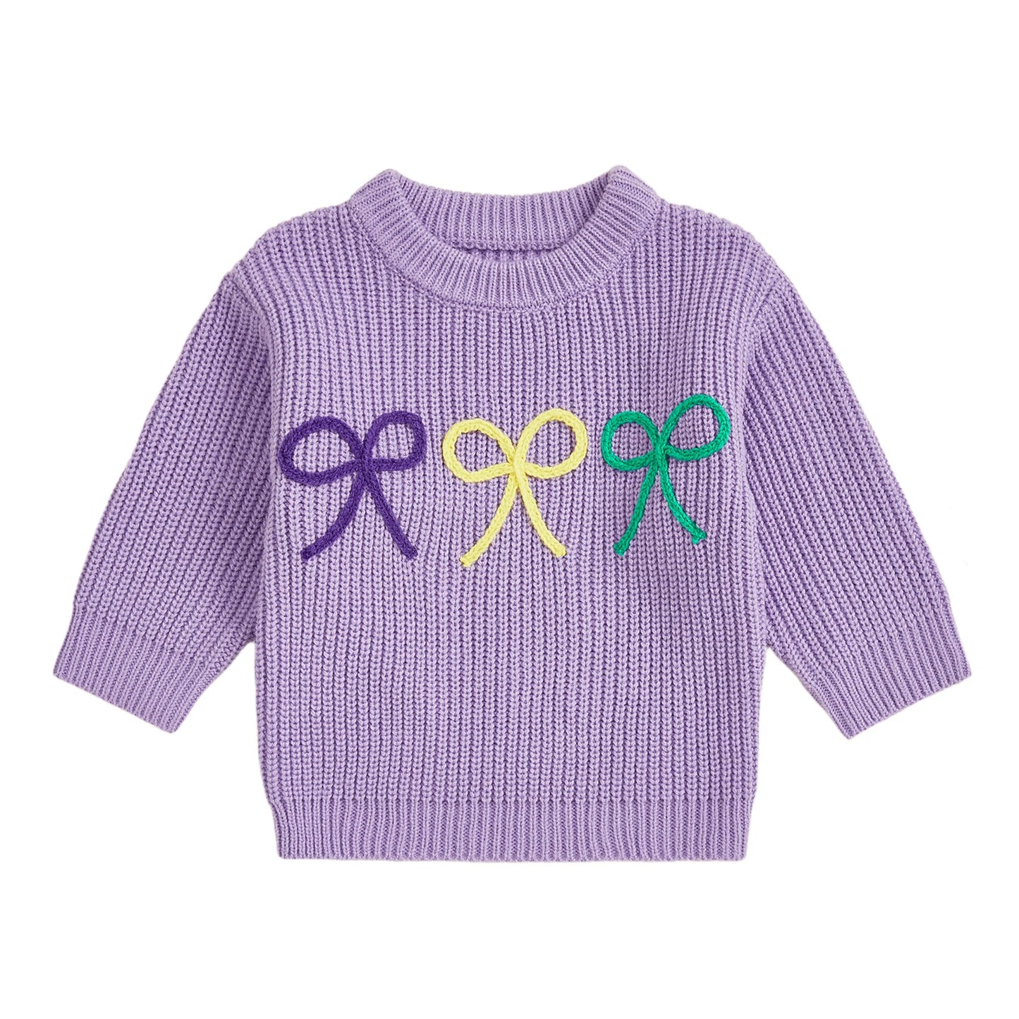 Mardi Gras Toddler Girl Sweater with Embroidered Bow Detail Crew Neck Long Sleeves and Chunky Knit Design for Cozy Style