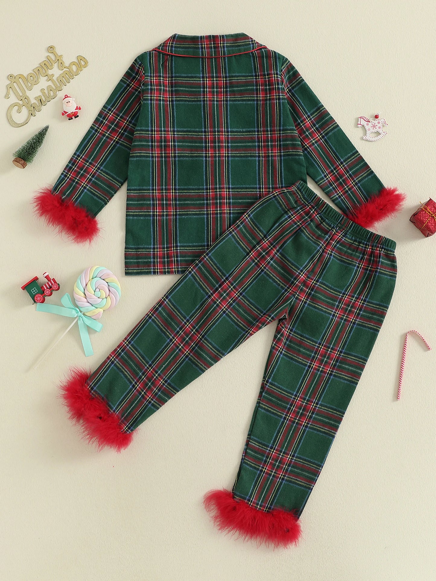 Cute Toddler Winter Plaid Pajama Set with Cozy Faux Fur Trim Long Sleeve Top and Elastic Waist Pants for Girls 2 Piece
