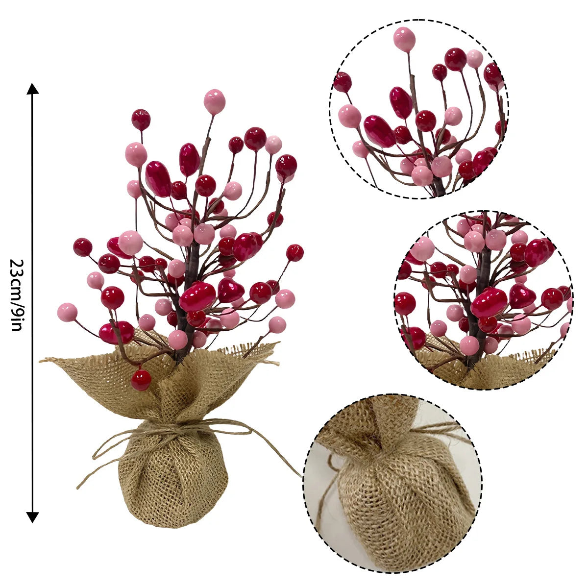 9in Valentine's Day Red Berries Tree with Burlap Base, Decorative Berries Tree Table Centerpiece for Valentine's Day