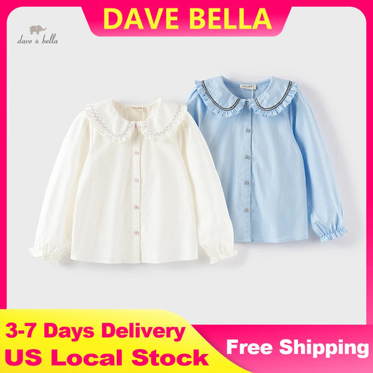 Dave Bella Solid Color Spring Fall Shirt for Gilrs Sweet Casual Cotton Blouse Childern Long Sleeve Button-Down Top DK3241515