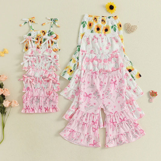 Lioraitiin Toddler Baby Girl Summer Outfit Sunflower/Cherry Print Ruffled Trim Spaghetti Straps Tops and Bell Bottoms 2Pcs Set