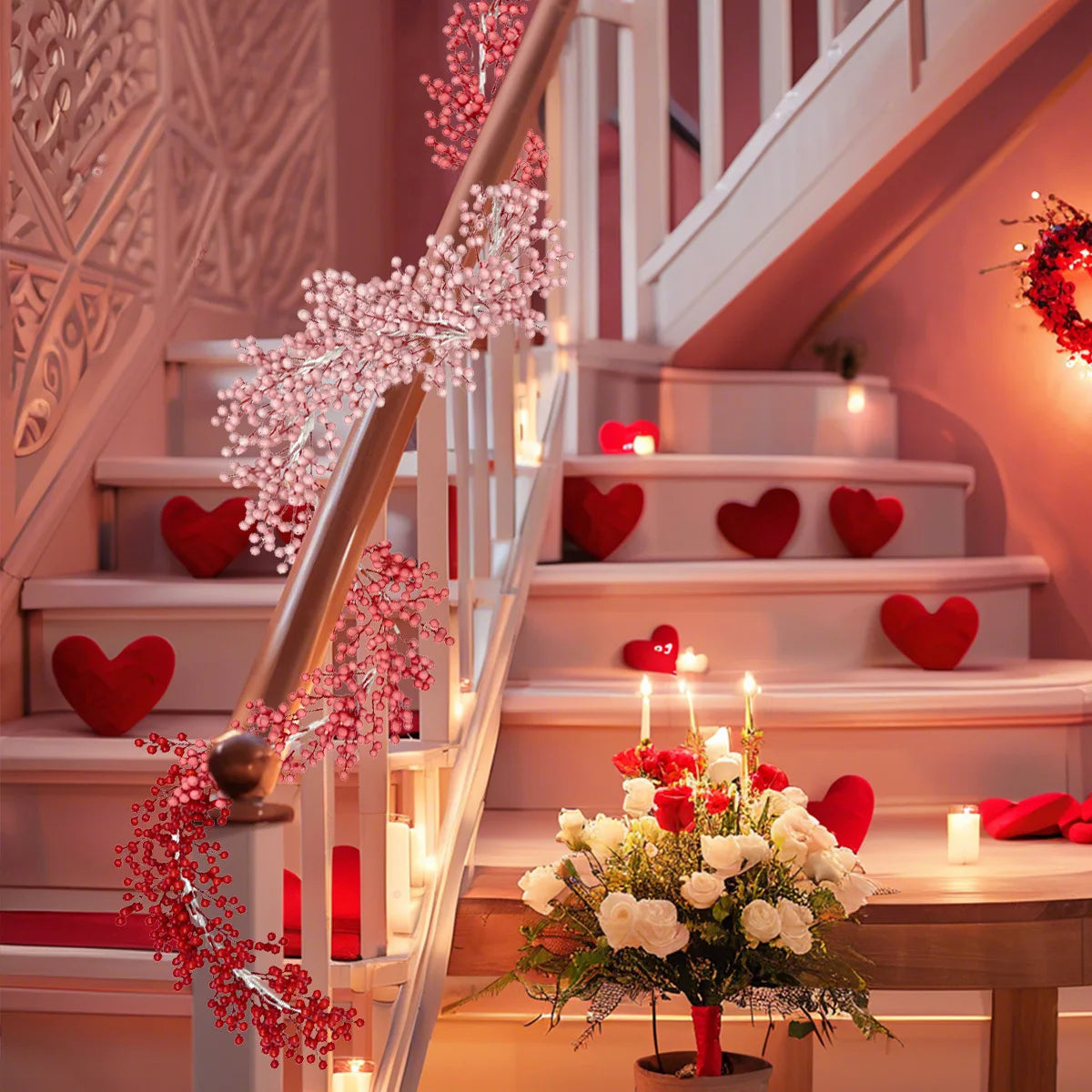 6.56ft Flexible Artificial Valentine's Day Holly Berry Vine, Ombre Color Red Berry Garland, Winter Berry Garland for