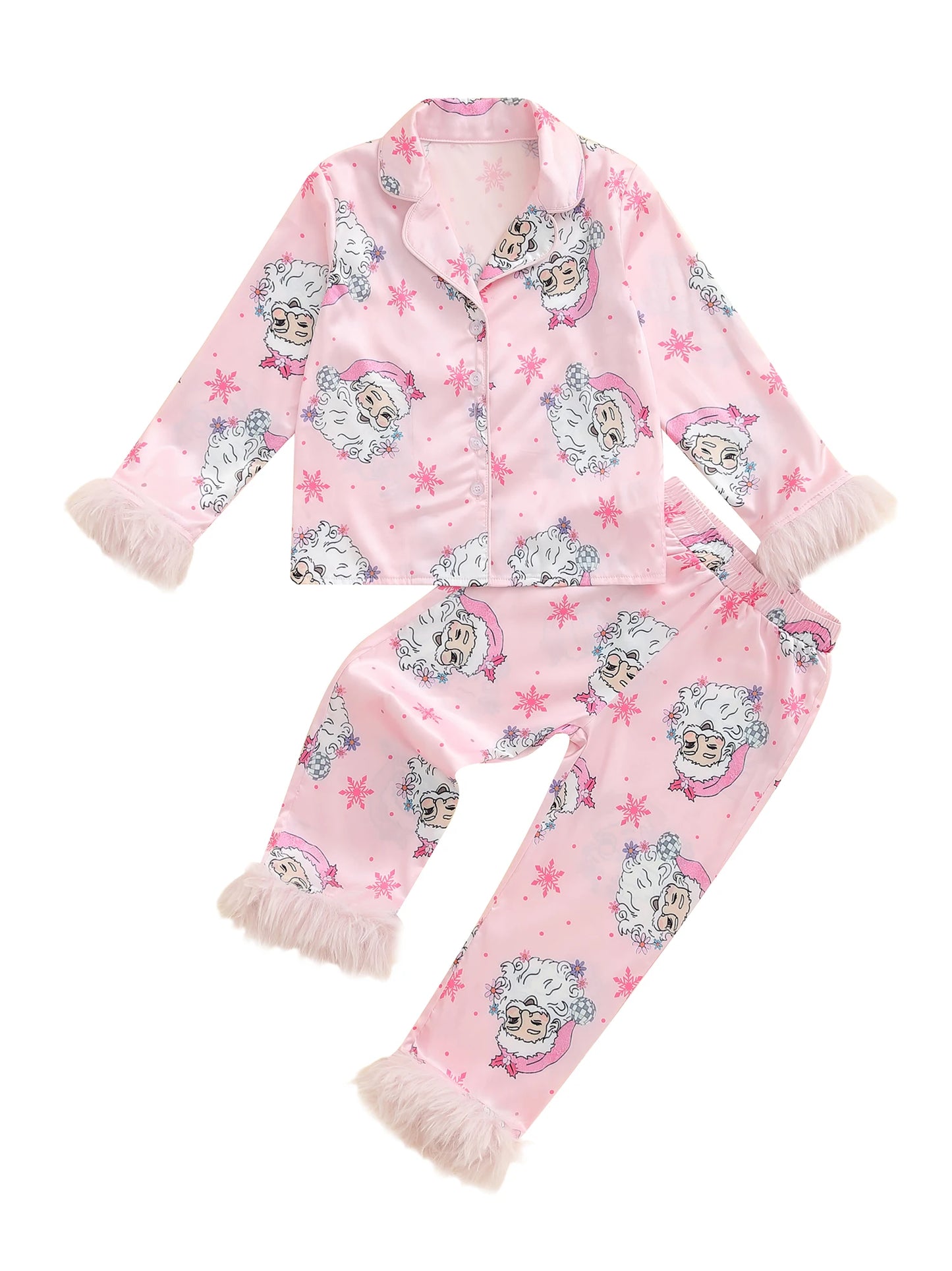 Matching Family Christmas Pajamas Set with Santa Print Button Down Long Sleeve Lapel Tops and Pants for Mommy and Me Sleepwear